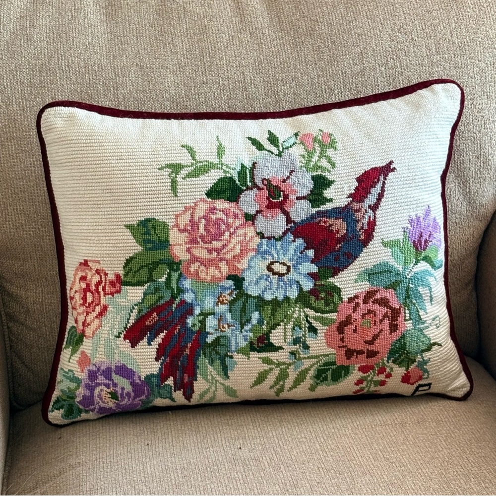 Floral Needlepoint Pillow with Bird Design